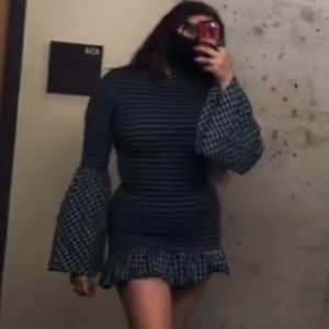 Bodycon flair sleeve blue and green plaid dress with smocking